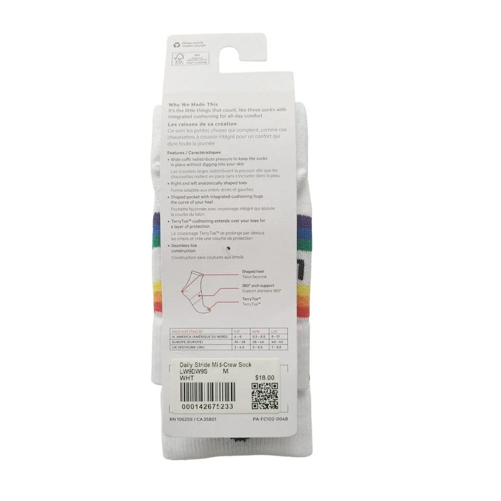 Lululemon Daily‎ Stride Mid-Crew Socks White Rainbow Stripe Size M LW9DW9S